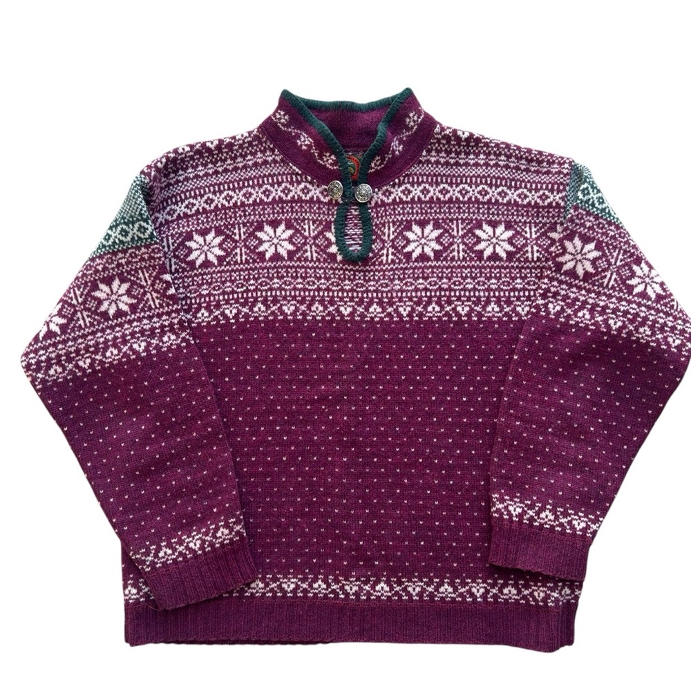 Vintage Alps - 100% Wool Nordic Women’s Ski Sweater - Burgundy - Medium